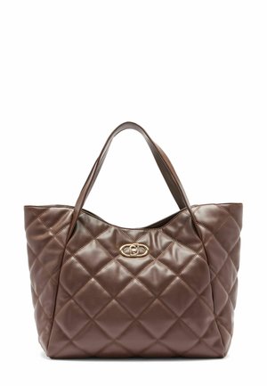 Sac fourre-tout en cuir marron matelassé avec des accessoires en or et un accent logo discret. Présente des poignées arrondies et une texture douce et lisse.