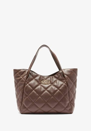 Brown quilted leather tote bag with goldtone hardware and a subtle logo accent. Features rounded handles and a soft, smooth texture.