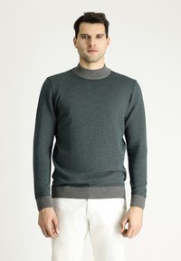 Maglione verde scuro con un motivo testurizzato, colletto e polsini grigi a coste, design aderente, abbinato a pantaloni chiari.