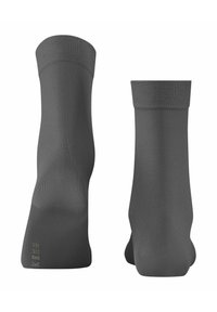 Calze alla caviglia grigie realizzate in un tessuto liscio e elasticizzato, con un risvolto a coste e indicazioni di misura sulla punta. Design semplice e uniforme, senza fantasie.