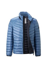 Light blue puffer jacket with horizontal quilting, high collar, black zipper, and contrasting interior. Features a smooth, shiny texture.