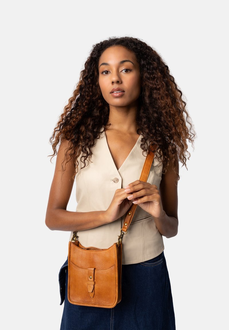 Læder crossbody taske i varm tan, med en forkant, der har en rem og guldfarvet hardware. Glat tekstur og rektangulær form.
