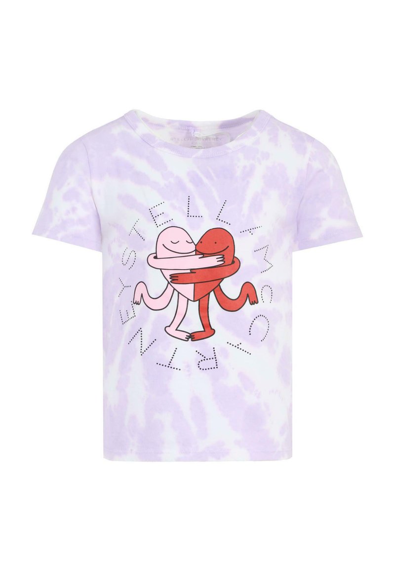 T-shirt a maniche corte in tie-dye viola, con una grafica di due personaggi dei cartoni animati che si abbracciano, con testo che circonda il design.