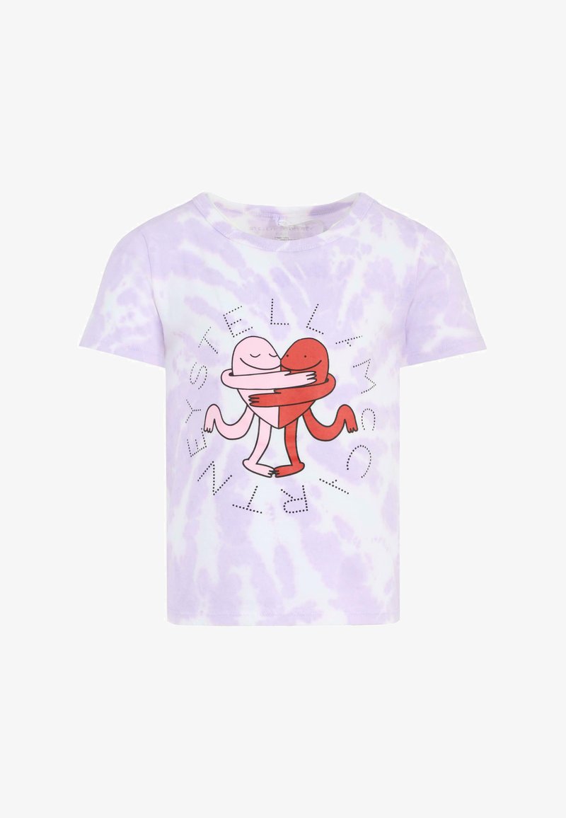 T-shirt à manches courtes tie-dye violet présentant un graphique de deux personnages de dessin animé s'enlaçant, avec du texte entourant le design.