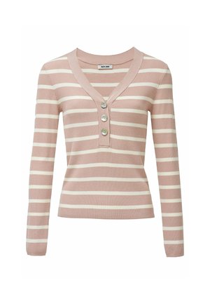 Top de punto de manga larga con rayas horizontales rosas y blancas, escote en V y tres botones en la tapeta frontal.