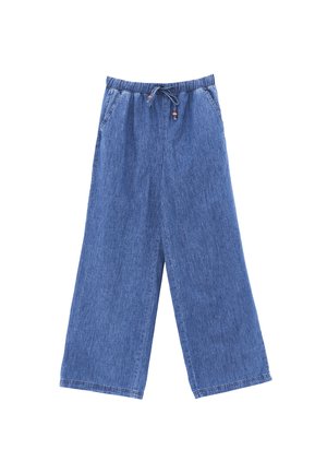 Blå vidde jeansbukser med elastisk taljebånd og snøre med træperler, forlommer og lige kant.