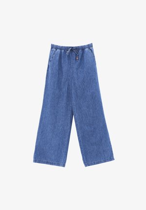 Blaue Jeans mit weitem Bein, elastischem Bund und Kordelzug mit Holzperlen, Vordertaschen und geradem Saum.
