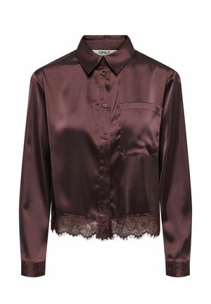 Chemise en satin violet foncé à manches longues avec boutons, poche avant, finition en dentelle sur les poignets et l'ourlet, et col pointu.