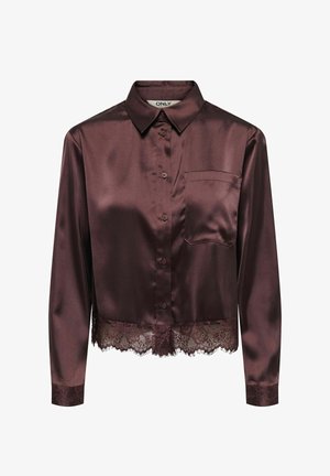 Chemise en satin violet foncé à manches longues avec boutons, poche avant, finition en dentelle sur les poignets et l'ourlet, et col pointu.