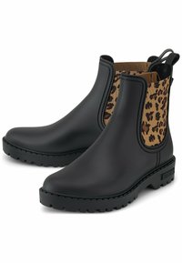 Stivali ankle neri in gomma con pannelli elasticizzati a motivo leopardato, suole testurizzate e linguette posteriori per facilitarne l'indossamento. Ideali per il tempo umido.