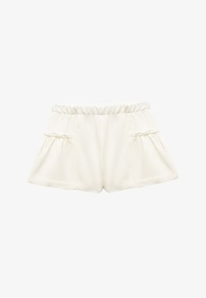 Kremowe szorty wykonane z miękkiego materiału z elastycznym paskiem w talii, z dwoma falbaniastymi bocznymi kieszeniami i luźnym krojem.