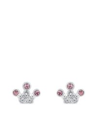 Orecchini a forma di corona in argento con accenti di gemme rosa e trasparenti, caratterizzati da una superficie texturizzata e piccoli dettagli decorativi.