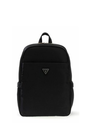 Schwarzer Nylonrucksack mit Tragegriff oben und Vorderfach mit kleinem dreieckigem Guess-Logo.