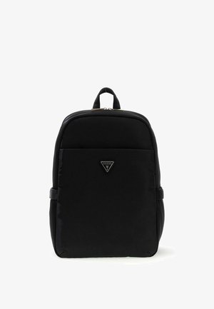 Zwarte nylon rugzak met bovenhandvat en voorvak met een klein driehoekig Guess-logo.