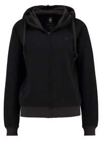 Sweat à capuche noir zippé avec cordon de serrage, poignets et bas côtelés, et petit logo sur la poitrine, présenté de face.