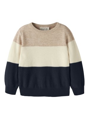 Pull en maille pour enfant à manches longues avec larges rayures horizontales beige, crème et bleu marine foncé, col rond.
