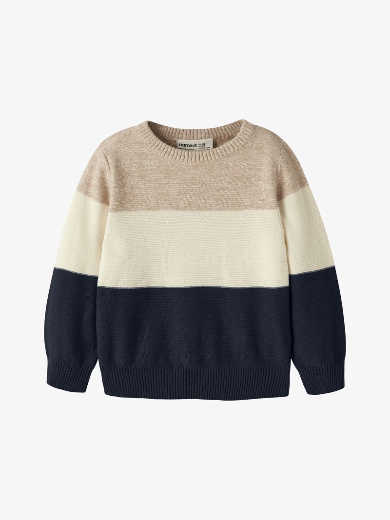 Pull en maille pour enfant à manches longues avec larges rayures horizontales beige, crème et bleu marine foncé, col rond.