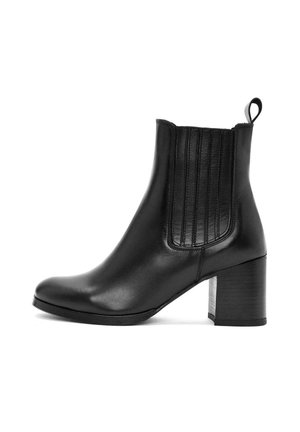 Black leather ankle boot with elastic side panels, round toe, and a textured block heel. Features a pull tab for easy wear.