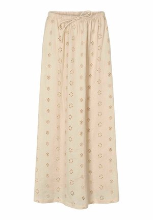 Bézs maxi szoknya rugalmas derékpánttal és húzózsinórral, egész anyagon virágmintás kivágásokkal.