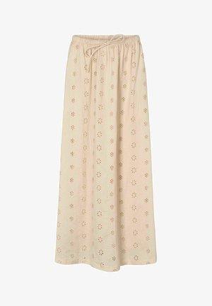 Beżowa długa spódnica maxi z elastycznym pasem i troczkiem, z ażurowym, kwiatowym wzorem wyciętym w całej tkaninie.