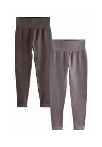 To sæt ribbede leggings i mørkegrå og lysegrå, med brede elastiske taljebånd og en taperet ben-design.