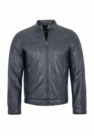 Dunkelblaue Lederjacke mit Frontreißverschluss, Stehkragen mit Druckknöpfen und seitlichen Reißverschlusstaschen, dargestellt vor weißem Hintergrund.