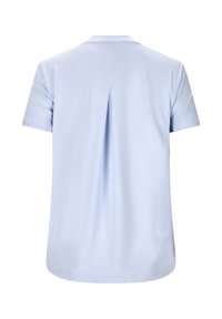 Lichtblauw kort-mouwen shirt met een zachte textuur, voorzien van een plooi aan de achterkant en een klassieke kraag. Glad stof en eenvoudig ontwerp.