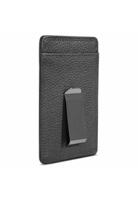 Schwarzer Lederkartenhalter mit strukturiertem Finish, drei Kartenfächern und einem Metallclip für sichere Aufbewahrung. Einfaches, rechteckiges Design.