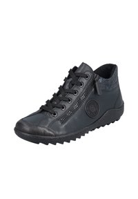 Schwarze Leder-Hochtop-Sneaker mit strukturierten Akzenten, Schnürung an der Vorderseite, schrägem Reißverschluss und Gummisohle mit gemustertem Profil.