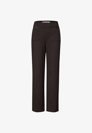 Černé kalhoty s rovnými nohavicemi, vyrobené z hladkého materiálu. Obsahují dvě zadní kapsy a boční akcent s kulatým kovovým detailem.