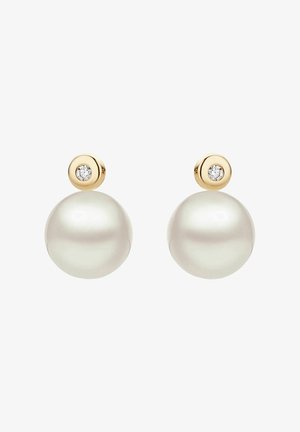 Pendientes de perlas que presentan una gran perla blanca redonda y un pequeño Stud de oro con un acento de diamante redondo y claro en la parte superior.