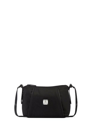 Black crossbody bag with adjustable strap, zipper top, and silver logo plate on front center.
