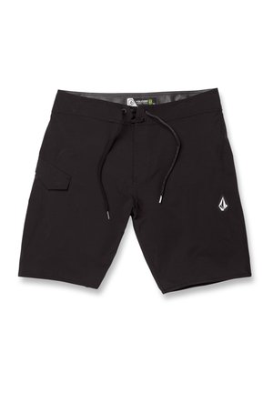 Shorts de bain noirs avec taille à cordon, poche latérale, texture lisse et un petit logo sur la cuisse droite.
