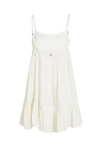 Witte, mouwloze jurk van lichtgewicht stof, met een geplooid ontwerp en een uitlopende zoom met een gerimpeld randje. Verstelbare bandjes.