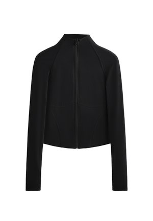 Zwarte cropped jack met een hoge kraag en lange mouwen, voorzien van een rits aan de voorkant en zichtbare stiksels. Glad, rekbaar materiaal.