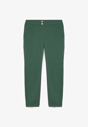 Pantaloni verde închis cu croială dreptă, cu două buzunare frontale și închidere cu talie cu dublu nasture, așezați pe o suprafață albă.