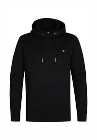 Schwarzer Hoodie mit einer frontalen Kängurutasche, Kordelzügen und einem kleinen weißen Logo auf der Brust. Weicher Stoff sowie gerippte Bündchen und Saum.