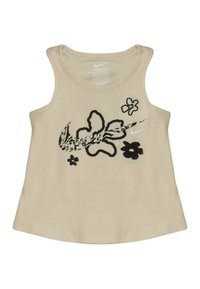 Canottiera beige realizzata in tessuto morbido, caratterizzata da motivi floreali neri e un logo Nike. Design senza maniche con scollatura rotonda.