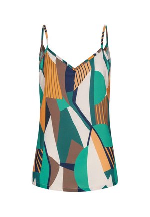 Débardeur à fines bretelles en tissu léger, featuring un motif géométrique dans des tons de vert, orange, marron et blanc cassé avec un design en V.