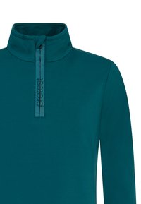 Mäkká teal dlhá mikina s dlhým rukávom, so zipsom a vysokým golierom. Pre ešte väčší detail obsahuje potlačené logo pozdĺž zipsu. Mäkkučký a hladký materiál.