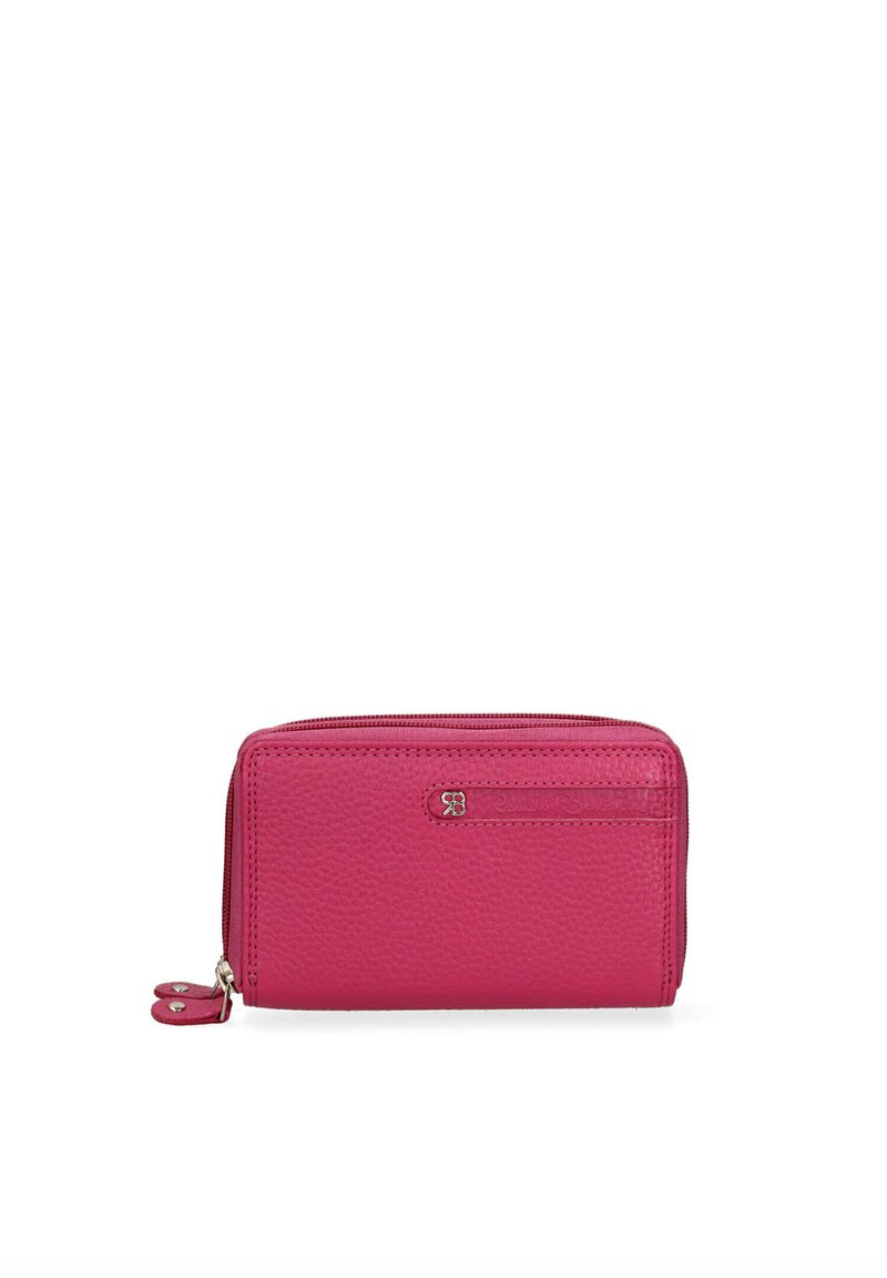 Portafoglio in pelle rosa con finitura testurizzata, chiusura a zip e piccolo dettaglio del logo. Forma rettangolare compatta, progettata per schede e contante.