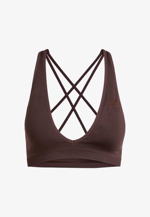 Brassière de sport marron avec un décolleté en V profond et des bretelles croisées dans le dos. Fabriquée en tissu lisse et extensible avec une large bande sous la poitrine pour un bon maintien.
