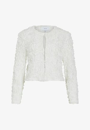 Weißes Crop-Jacket aus strukturiertem Stoff mit 3D-Blüten-Applikationen. Lange Ärmel, runder Ausschnitt, vordere Hakenverschluss und kurzer Stil.