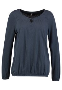 Tmavě modrý dlouhý rukáv z měkké látky, s kulatým výstřihem s knoflíkovým detailem a elastickým lemem pro pohodlný střih.