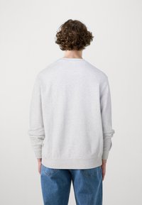 Felpa grigia con collo tondo e maniche lunghe, caratterizzata da polsini e orlo a costine. Tessuto morbido, indossata con jeans azzurri chiari.