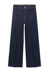 Jean bleu foncé à jambes larges avec poches plaquées devant, fermeture par boutons et coutures visibles.