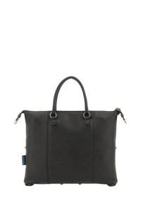 Borsa a tracolla in pelle nera con finitura testurizzata, doppi manici superiori, due cerniere laterali e dettagli in metallo argentato. Forma rettangolare con fondo piatto.