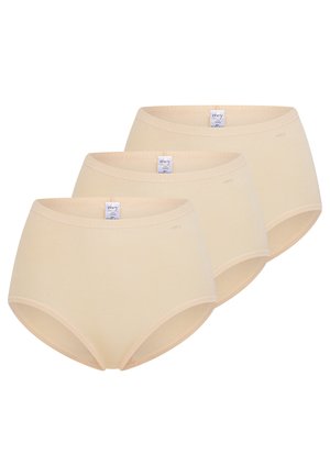 Tre beige dameunderbukser med høj talje og elastiske linninger, vist stablet diagonalt på en hvid baggrund.