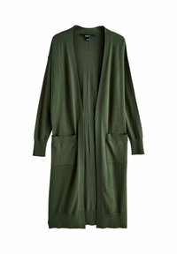 Overdimensioneret grøn cardigan lavet af blødt strikket stof, åbent frontdesign, ribbede manchetter og to forreste påsyede lommer. Glat tekstur.