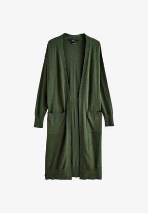 Oversized green cardigan made of soft knit fabric, open front design, ribbed cuffs, and two front patch pockets. Smooth texture.